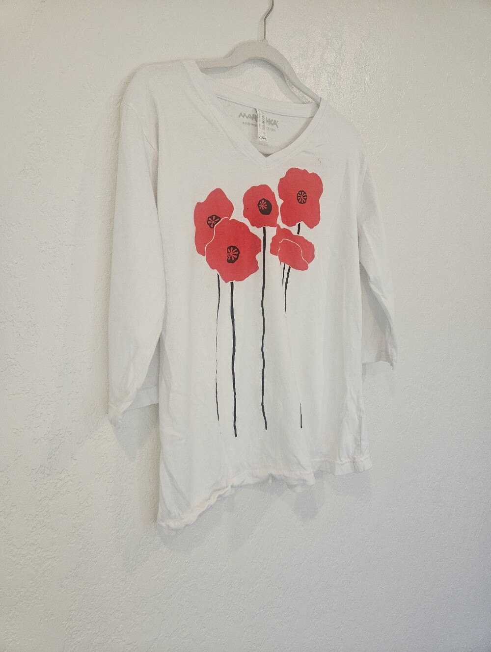 Marushka Women’s Large Hand Printed Shirt Floral Poppies White 3/4 Sleeve Size L